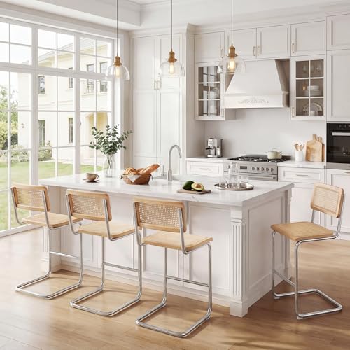 Image of Natural Rattan Counter Stools with Cane Back, 24 Inches Mid Century Modern Cesca Bar Stools, Rustic Bar Stools with Metal Frame for Kitchen Island,Home Pub (Natural, Set of 4)