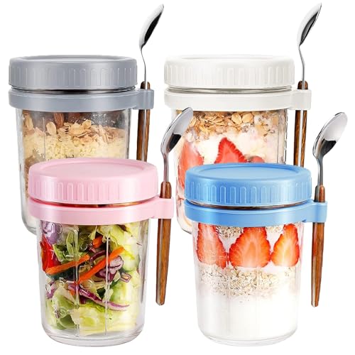 VITEVER 4 Pack Oats Jars, Overnight Oats Container with Lid and Spoon, 10 oz Glasses, Cereal, Milk, Vegetable and Fruit Salad Storage Container with Measurement Marks