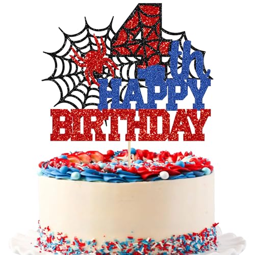 Ephlyn 1Pcs Happy 4th Birthday Spider Themed Cake Topper Blue Red 4