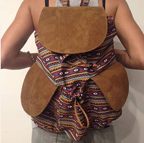 Mochila Feminina grande em tecido Étnica com bolsos laterais