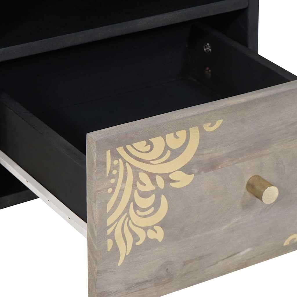 Mueble de TV gris de madera de mango macizo 70x33x46 cm con asas de latón