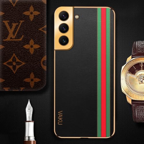 Image of Vaku Luxos Felix Line Back Cover for Samsung Galaxy S22 5G with Leather Pattern Gold Electroplated Soft TPU Cover Shockproof Protective Case - Black