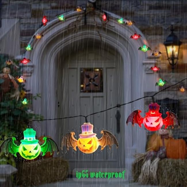 Solar Garden Lights for Halloween Decorations Outdoor, 20LED 18Ft 3D Scary Devil Pumpkin Bat Solar String Lights, Halloween Solar Lights Outside for Home Yard Garden Party Gifts Decor(Red Green White)