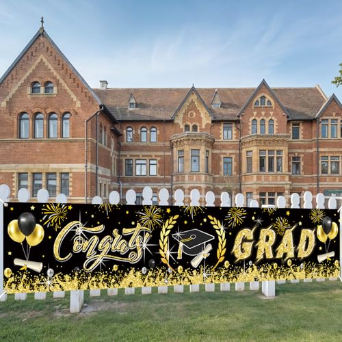 Image of Graduation Decorations, Graduation Banner 2026, Black and Gold Banner, Large Class of 2026 Party Decoration Congrat Grad Backdrop Yard Sign for Senior Commencement Indoor Outdoor Wall Yard 300 * 50cm