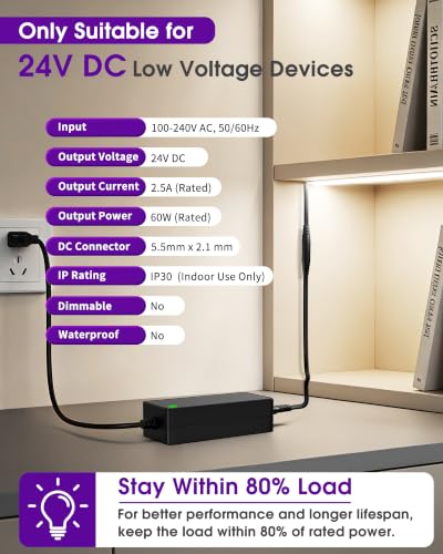 Image of HitLights 24V 60W Power Supply Adapter, UL-Listed 100-240V AC to DC 24V 2.5A, Compatible with 1A /2A /2.5A LED Strip, CCTV and Low Voltage Devices