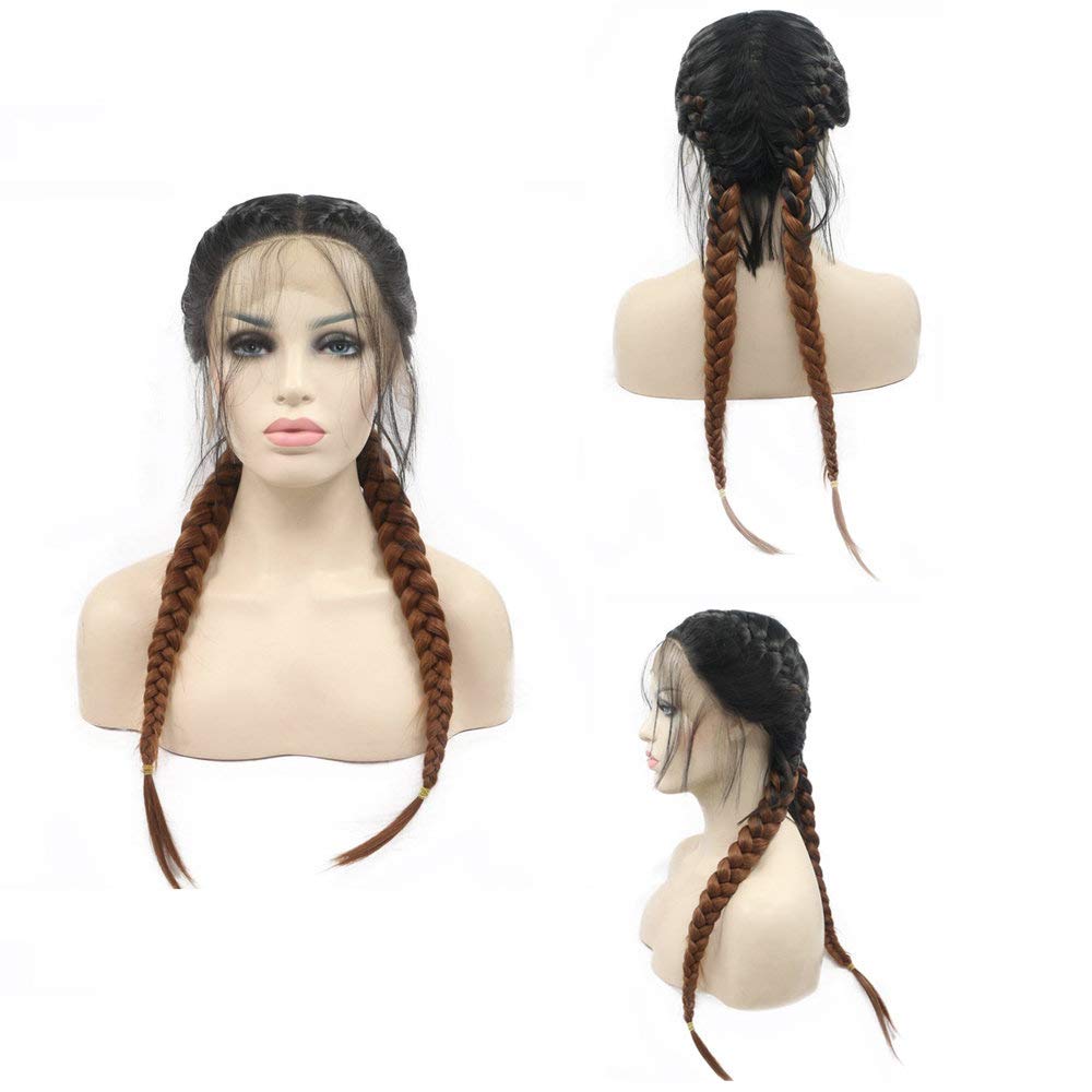 Braided Wigs with Synthetic Hair, Black Roots To Brown Twist Double Braids Lace Front Wigs for Women Girls Cosplay 24inch Heat Resistant