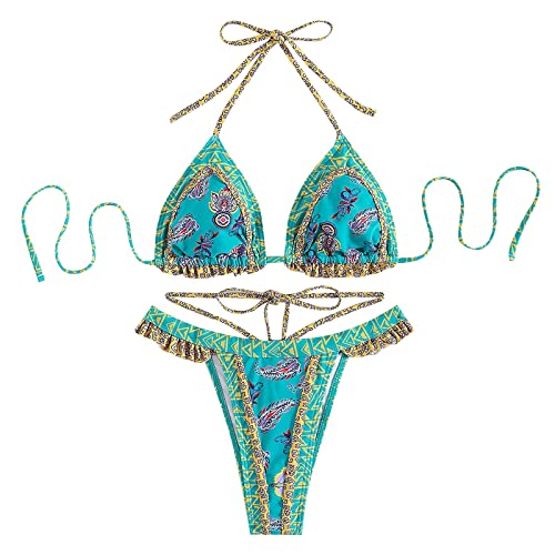Conjunto Bikini Brasileño Mujer Bikini Tanga Bikinis Brasiliaños de Tirantes Bañador Mujer Sexy Biquini Trajes de Baño Triángulo Mujer Estampado Étnico Bikini(A Azul,M)
