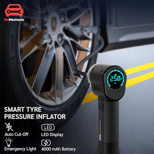 Image of GoMechanic Wireless Tyre Inflator for Car & Bike |150 PSI|2x2000 mAh Rechargeable Battery |Digital Display | LED Light, Type-C Port | With Puncture RepairKit & Multiple Nozzles | Tyre Pressure Monitor
