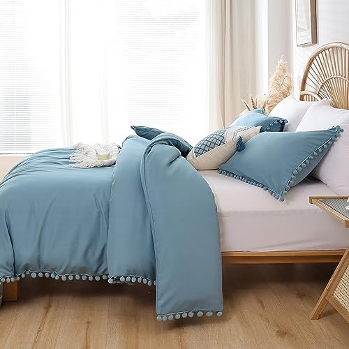 YIRDDEO King Size Comforter Set - King Size Comforter with Ball Pom Fringe, Soft King Bedding Set for All Seasons - 3 Pieces, 1 Comforter (104"x90"inches) & 2 Pillow Shams(20"x36"), Dusty Blue