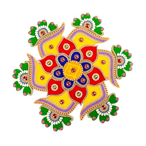 Tarini Gallery Handcrafted Acrylic Designer Colorful Rangoli for Home Temple Floor Décor Decoration Festival Function and Gifting (Multicolor Flower)