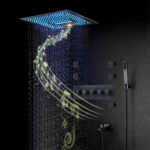 JiaYouJia 16'' Rain Shower System Music LED Shower Head 4-Function Thermostatic Luxury Shower Set with Tub Spout in Matte Black (Matte Black)