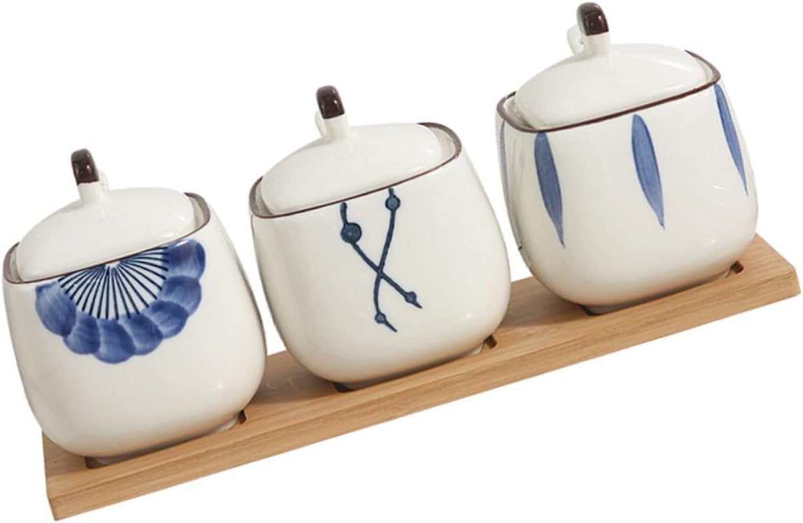 Ceramic Jar Condiment Dispenser Spice Organizer for Salt Pepper Bowls Lid Spoon Kitchen Storage