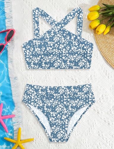 Image of Girls Swimsuits 2 Piece Bikinis Set Colorblock Bathing Suits Criss Cross Strap Girls' Swimwear