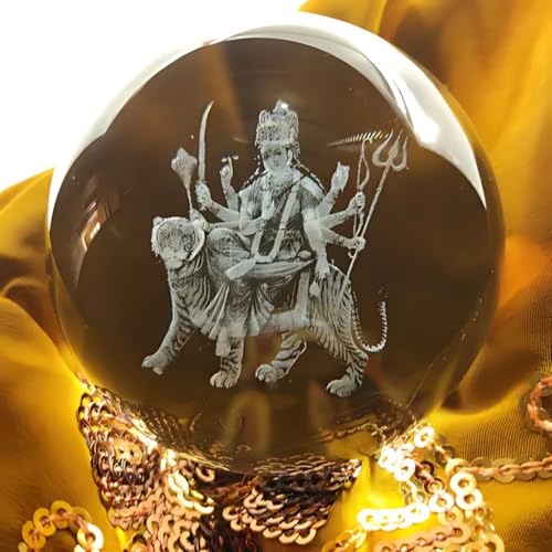 Image of 3D Crystal Ball Night Light with Wooden Base, Aesthetic Clear LED Lamp for Home and Bedroom Touch Switch, Warm Light for Kids and Teens Perfect Birthday & Anniversary (Durga MATA)