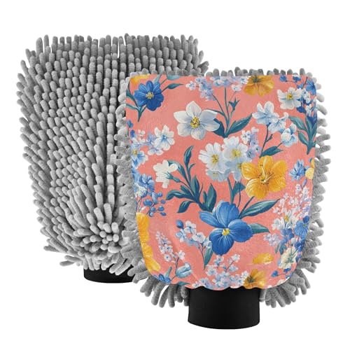 Flowers Hyacinths Peony Iris Pink Car Wash Microfiber Mitt 2 Pack Cars Washing Mitts Scratch Free Clean Safe Mitt for Wash Drying