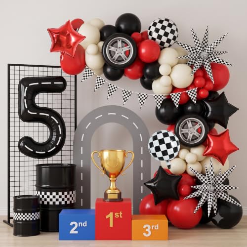 Image of TONIFUL Race Car Party Balloons Set - 40 Inch Racetrack Number 5 Foil Balloon with Checkered & Star Balloons for Boys 5th Birthday Car Themed Decorations, Baby Shower Photo Backdrop Supplies