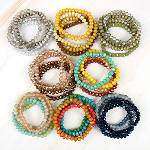 Image of RIAH FASHION Bohemian Multi-Layer Beaded Stacking Bracelet - Versatile Stretch Strand Statement Wrap Slip-on Cuff Bangle Shiny Crystal Bead Metallic, USA Flag, Rainbow Pride