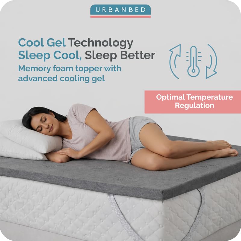 Image of UrbanBed Cool Gel Memory Foam Mattress Topper Double Bed 75x48 | 2 inch Thick Bed Topper | Plush 3-Zone Design Mattress Pad | Ideal for Back & Side Sleepers | Charcoal Cover | 5 Years Warranty