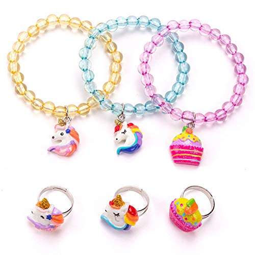 Unicorn Bracelet Ring Set - Rainbow Bracelet Shiny Cake Bracelet for Toddler Girls - Little Girl Unicorn Jewel Rings Set Girl Pretend Play and Dress Up Rings-002