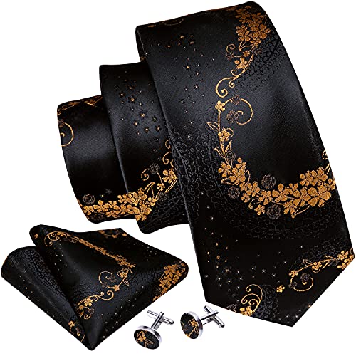 Image of Barry.Wang Flower Ties for Men Handkerchief Cufflinks Set Wedding Necktie Set Party