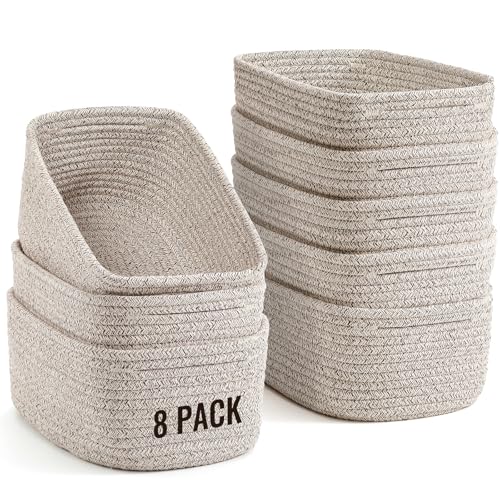 8 Pack Small Storage Baskets for Organizing, Woven Rope Bins for Bathroom, Closet, Shelf Organizer, Cute Cube Decorative Box for Towels, Baby Nursery,...