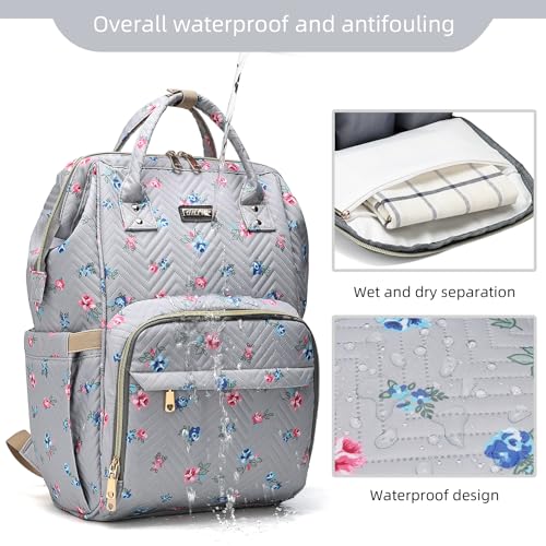 Image of GAIVP Diaper Bag Backpack, Diaper Bags for Baby Girls Boys, Baby Bags for Moms Dads, Nappy Changing Bag with Insulated Pockets,Multi-functional Waterproof Backpack with Stroller straps-Grey Flowers