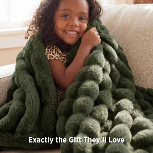 Image of Bedsure Fluffy Bubble Faux Fur Throw Blanket, 50 inchx60 inch, Olive Green