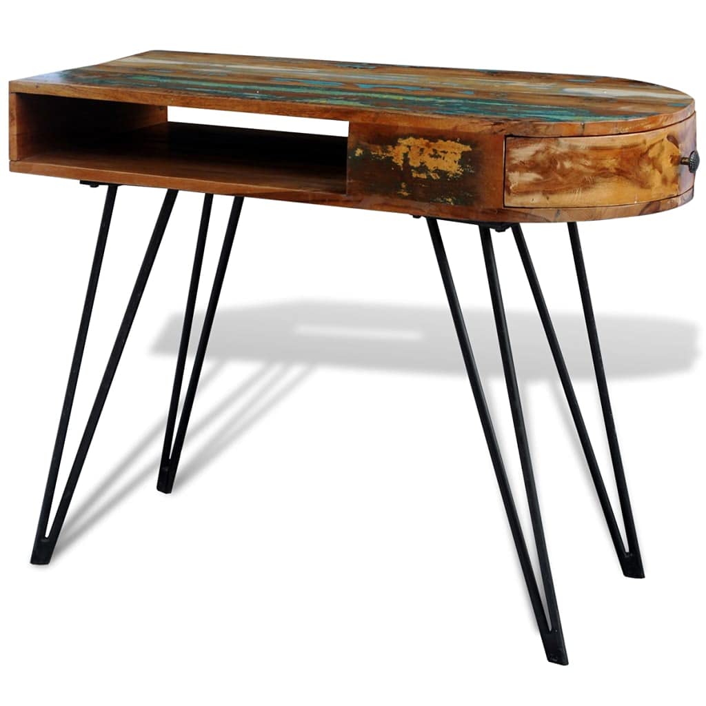 Escritorio de madera maciza con patas de hierro, 97 x 45 x 76 cm, con cajón y estante para oficina, ordenador, ordenador portátil, oficina en casa, ergonómico, ahorra espacio para jugar y