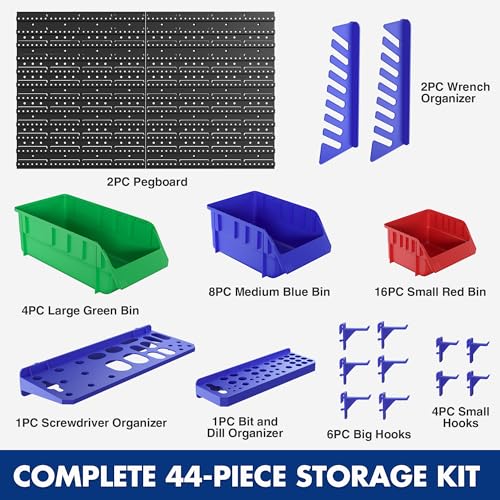 Image of WORKPRO Pegboard Organizer Wall Mounted, 44PC Tool Storage Rack with Bins and Hooks, Peg Board Wall Organizer for Garage Organization, Workshop, Craft Room, Tool Wall Storage System