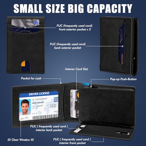 Genuine Leather Wallet for Men Pop-Up Magnetic Card Holder RFID Blocking Slim and Functional Design Black (Black)2