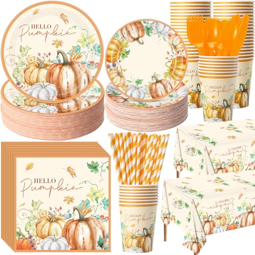 Image of Funnymoom 452 Pcs Hello Pumpkin Thanksgiving Fall Party Supplies for 50, Thanksgiving Pumpkins Paper Plates Napkins Cups Tablecloth Cutlery Straws for Autumn Harvest Birthday Baby Shower Decorations
