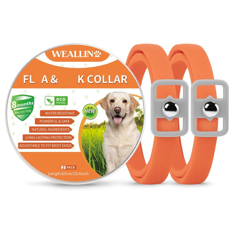 WEALLIN Collar Antiparasitario Perros, Ajustable y Impermeable Collar Antipulgas Perro, Protección de 8 Meses, Aceites Esenciales 100% Naturales para Perros de Todos Los Tamaños, Naranja(2 Pcs)