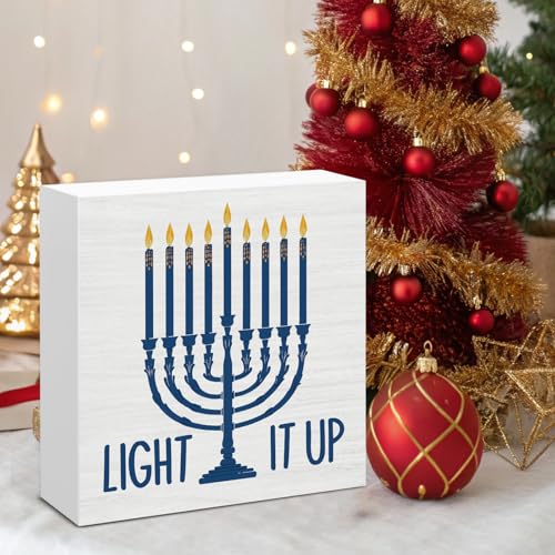 Image of Hanukkah Decor, Light It Up Wood Box Sign, Jewish Gifts for Women, Menorah Dreidel Home Office Decorations for Desk Table Shelf 5 X 5 Inches