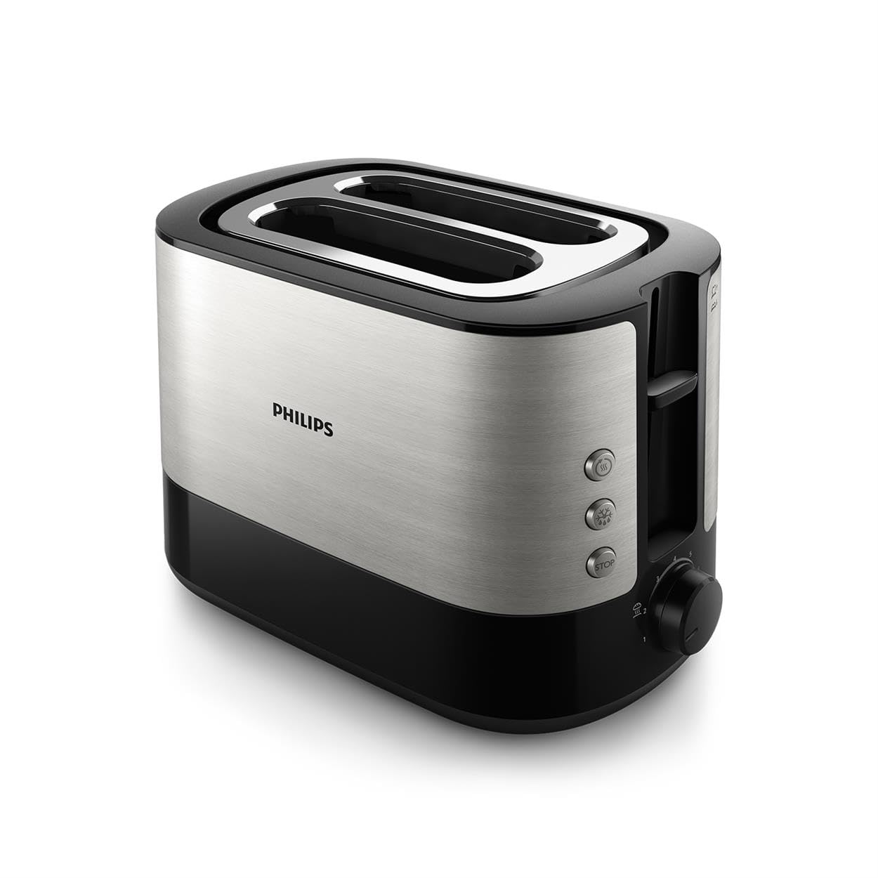 Philips Viva Collection Tostapane 2 Fette, 7 Impostazioni, 950W, Inox/Nero | Toaster con griglia scaldapanini, alloggiamenti ampi, scongelamento e vassoio raccoglibriciole rimovibile (HD2637/90)