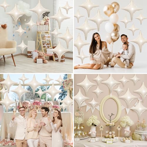 Image of Cream White Star Balloons,12Pcs Four Angle Star Foil Balloons | 26Inch and 10Inch Sand White Quadrangle Star Helium Balloon for Birthday Baby Shower Wedding Party Decorations