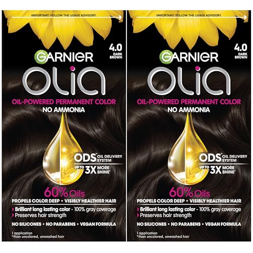 Garnier Olia Hair Color, Ammonia-Free Permanent Hair Dye, Oil-Powered Formula for 100% Gray Coverage and 3x Shinier Hair, Vegan & Cruelty Free, 4.0 Dark Brown, 2 Count