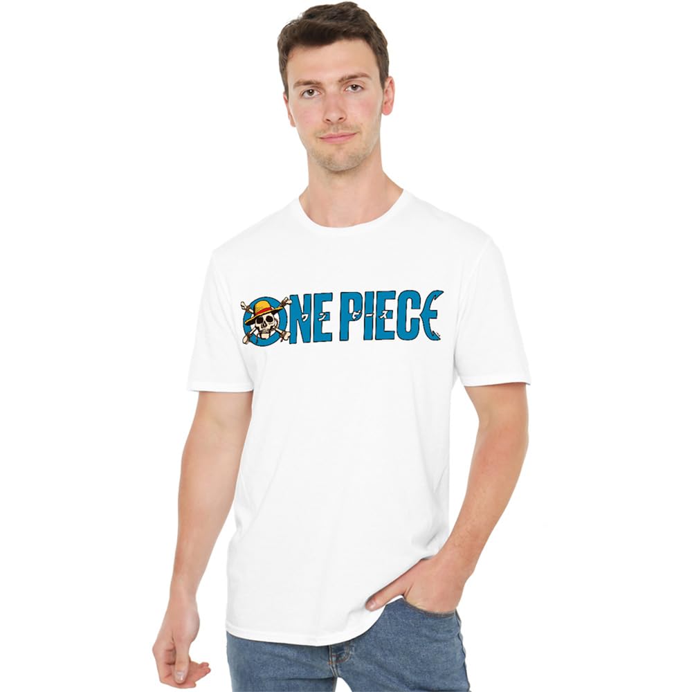 One Piece Luffy Jolly Roger Blue Logo Unisex T-Shirt, White, XX-Large