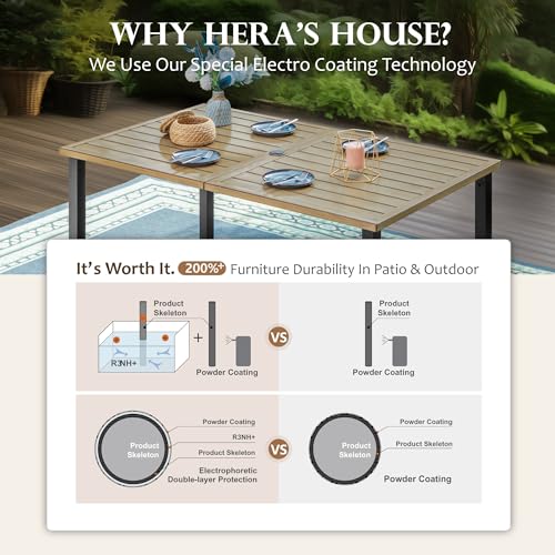 Image of HERA'S HOUSE Outdoor Dining Table for 6, Brown Metal Table w /Umbrella Hole
