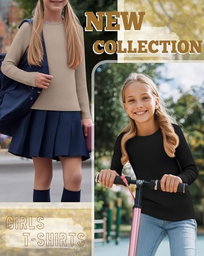 3 Pack Girls Long Sleeve Shirts Ribbed Knit Cotton Layering Tops Slim Fit Crewneck Casual Undershirts - Image 4