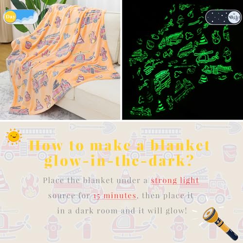 Image of Toddler Blankets for Boys, Glow in The Dark Fire Truck Throw with Tractor, Excavator Construction Toys, Birthday Kindergarten Graduation Gifts for Boys, Kids Blanket Car Room Decor, 50 inchx60 inch