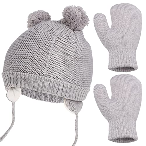 Gray Fleece-Lined Toddler Hat and Glove Set for Boys and Girls Warm Winter Beanie with Mittens for Cold Weather