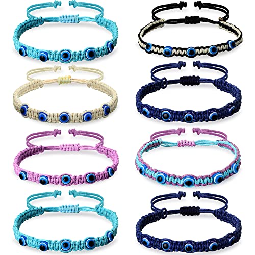 Hicarer 8 Pieces Evil Eye Beaded Bracelet Adjustable Blue Evil Eye Rope Bracelets Kabbalah Protection Friendship Bracelet Hand Woven Turkish Lucky Protection Bracelets for Women Men