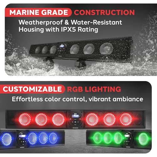 Image of Pyle 36 inch Marine Sound Bar Speaker System for ATV /UTV with Bluetooth, 270W Peak Power, Built-in Amplifier, 6x4 Woofers, 2x1 Treble, Remote Control, USB /AUX Input, Handlebar Mount, IPX5 Waterproof