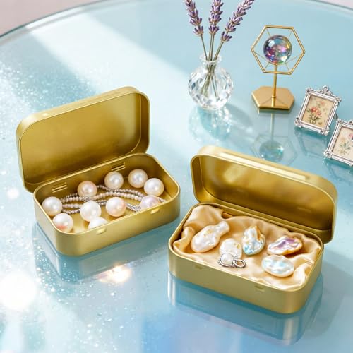 Image of Hotop 3 Pack Metal Rectangular Empty Hinged Tins 3.75 x 2.45 x 0.8 Inch Box Containers with Lids Mini Portable Box Small Storage Kit, Home Organizer (Gold)