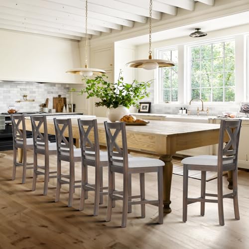 Image of COLAMY Bar Stools Set of 6, Counter Height Bar Stools, Mid Century Modern Barstools, Wood Barstools for Kitchen Dining Room Bar, Light Brown Wash