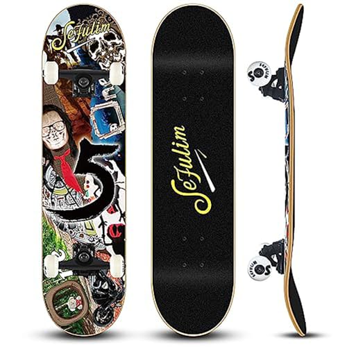 Sefulim 78,9 x 20,3 cm komplettes Skateboard, 7-lagig, kanadischer Ahorn, Doppel-Kick-Deck-Skateboard für Jungen, Mädchen, Teenager, Erwachsene, Anfänger