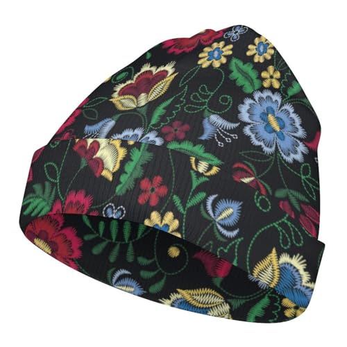 Embroidery Flower Pattern Kids Beanie Hat for for Girls Boys Children Cap Winter Knitted Chemo Cancer Headwear Accessories Gifts Decoration Black