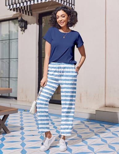 Image of Ekouaer Pajama Sets for Women Round Neck Pjs Short Sleeve Sleepwear with Long Pants Loose Lounge Sets