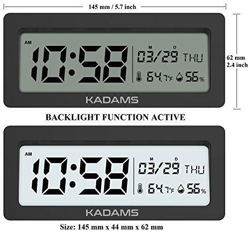 KADAMS Battery Digital Alarm Clock with Snooze, Backlight, Calendar Month Date Day, Temperature and Humidity, Low Battery Indicator, Small Portable Travel Clock, for Shelf Desk Table - Black