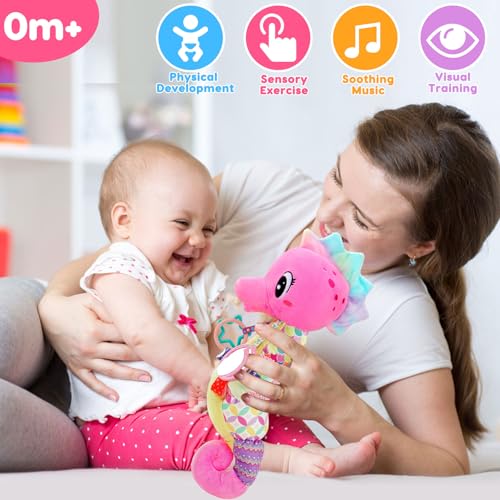 Image of Baby Girl Toys 0-6 Months Musical Seahorse Stuffed Animal Tummy Time Toys Infant 3-6 6-12 Months with Baby Mirror Sensory Newborn Crinkle Developmental Toy Birthday Shower Gifts 0-3 4 5 6 Month